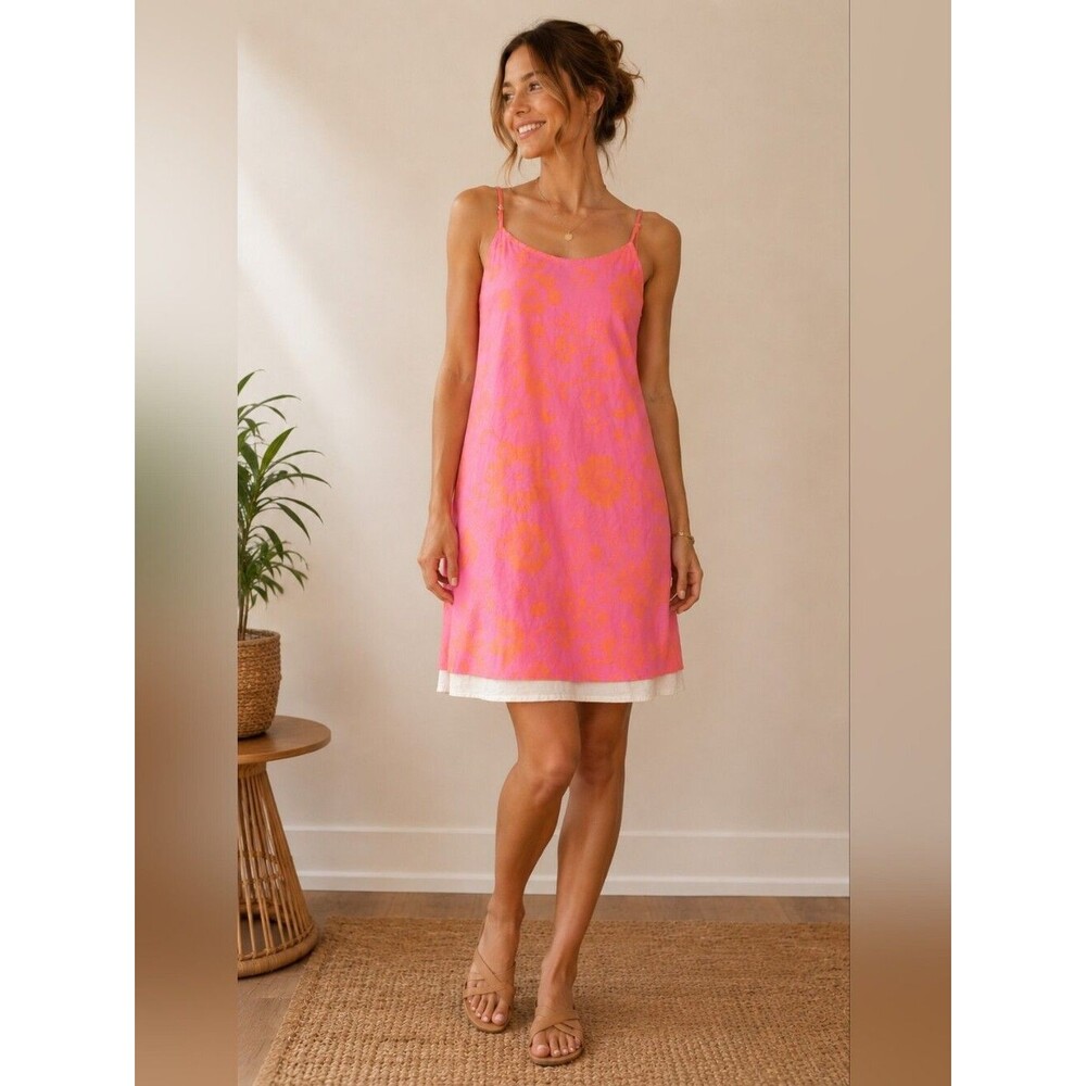 Catching Yeti Pink Orange Floral Slip Dress Sz L Cotton Boho Summer BeachStraps